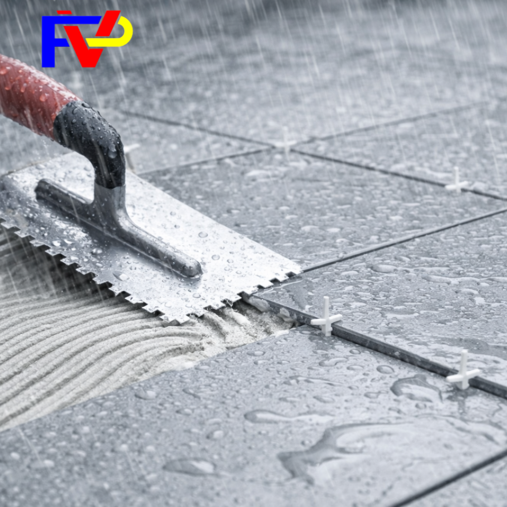Keo dán gạch thi công dưới mưa với bay răng cưa, bề mặt gạch ướt