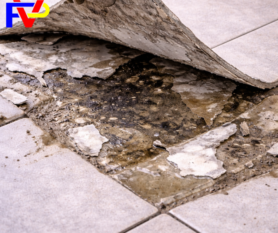 Lớp chống thấm bị nứt gây thấm nước và bong gạch sàn nhà